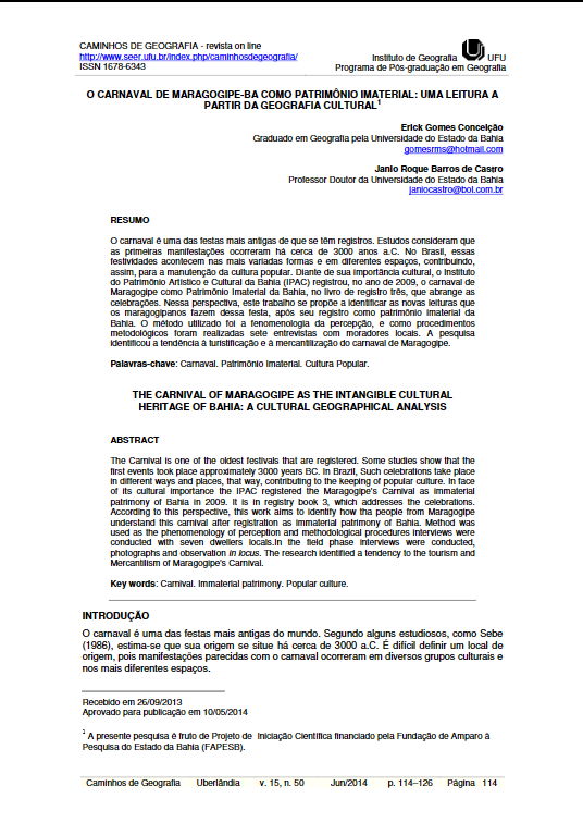 Artigo: "O carnaval de Maragogipe-BA como patrimônio imaterial: uma leitura a partir da Geografia Cultural"