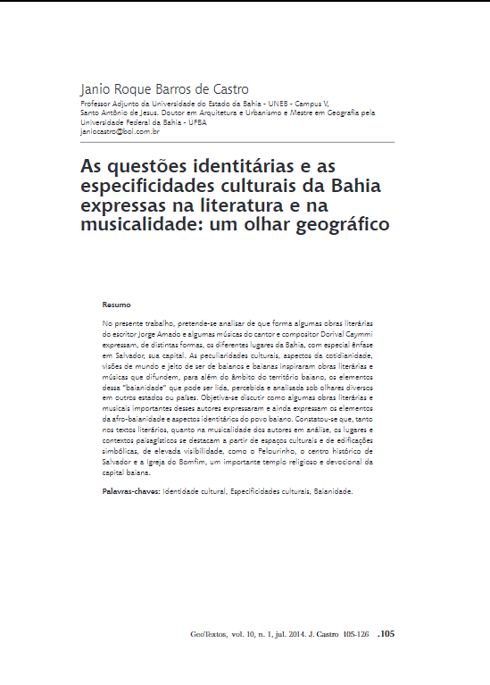 Foto artigo: "As questões identitárias e as especificidades culturais da Bahia expressas na literatura e na musicalidade: um olhar geográfico"